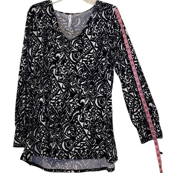 NY Collection Shirt Womens 1X Black White V-Neck Chain Trim Tunic High Low Plus - Picture 9 of 10